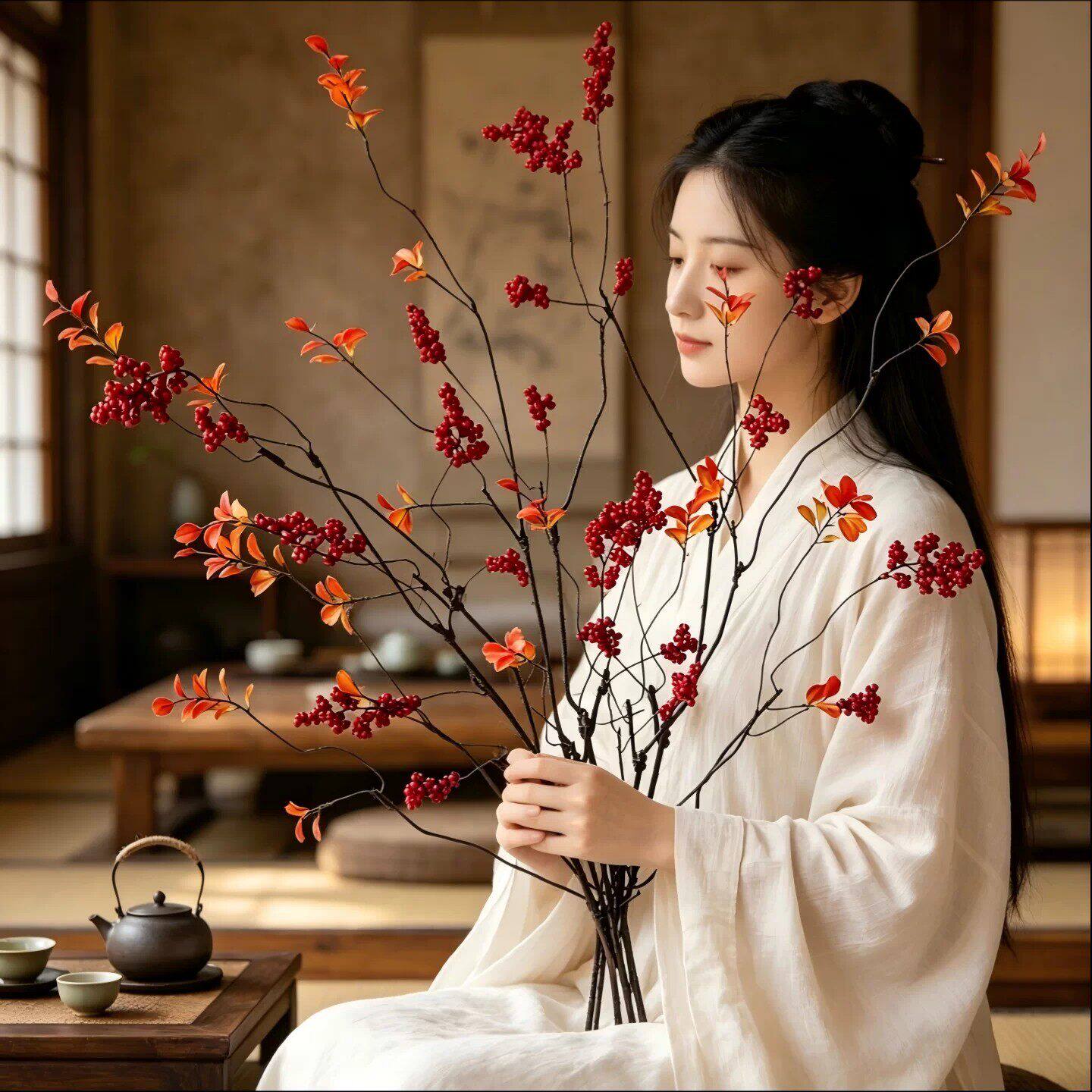 串串金果秋叶仿真花长枝条假花中式禅意客厅落地花瓶插花摆件