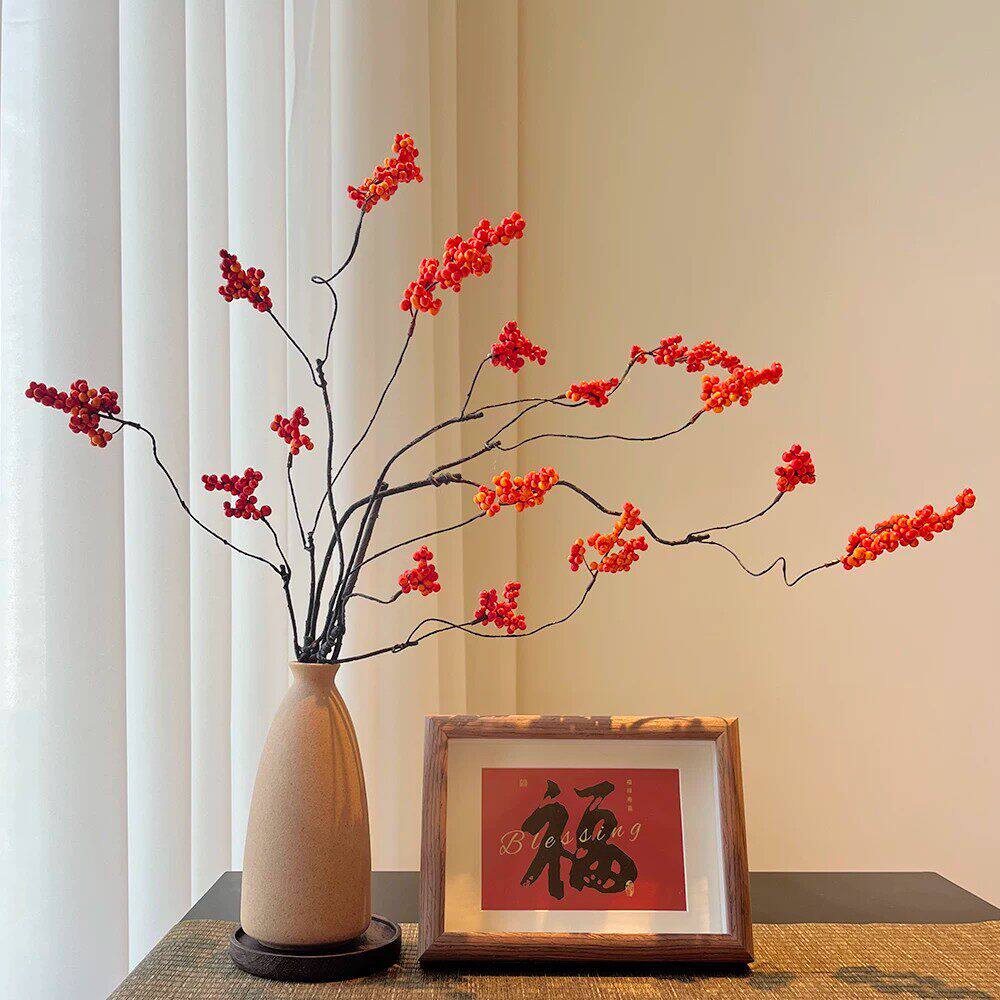 仿真串串金果秋叶枯枝发财果假花过年客厅落地花艺摆设装饰品