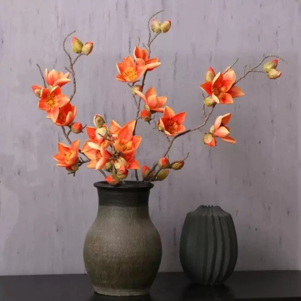 .复古红仿真木棉花枝 书房角落落地花艺 禅意摆件