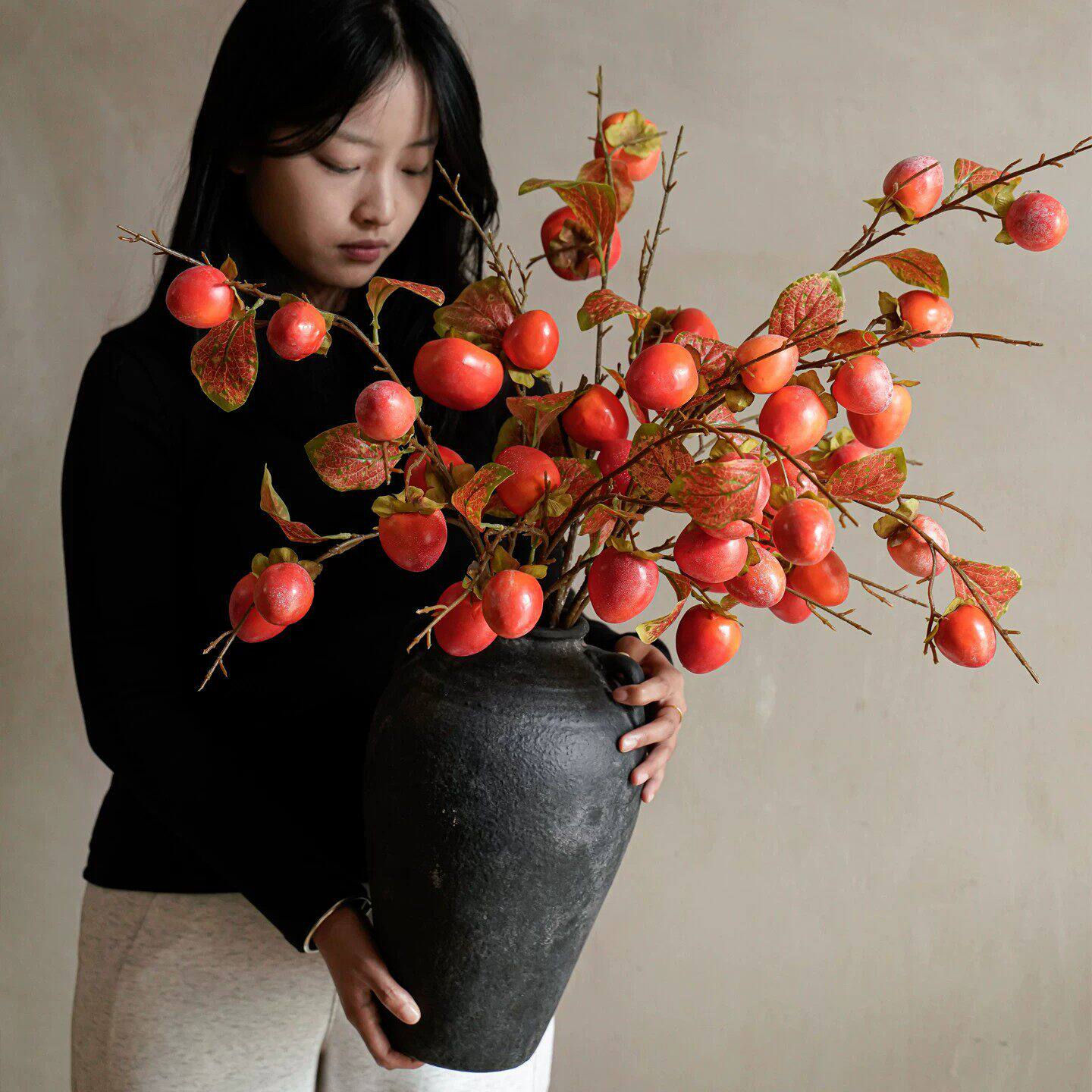 仿真石榴柿子干花枝假花客厅玄关插花摆件年宵喜庆花艺花束