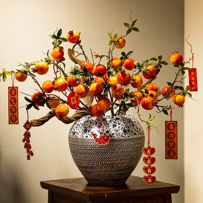 中式仿真石榴发财果浆果树枝假花客厅玄关插花软装花艺摆件道具