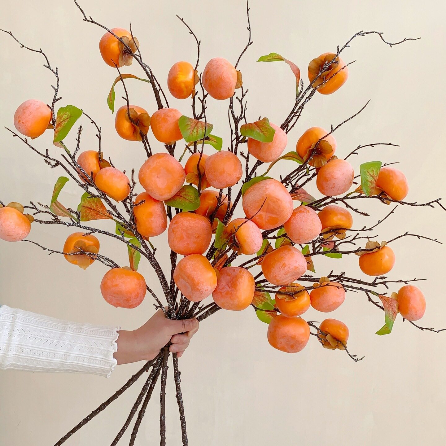 柿柿如意仿真柿子果枝假花摆件新中式客厅干花花束插花摆设