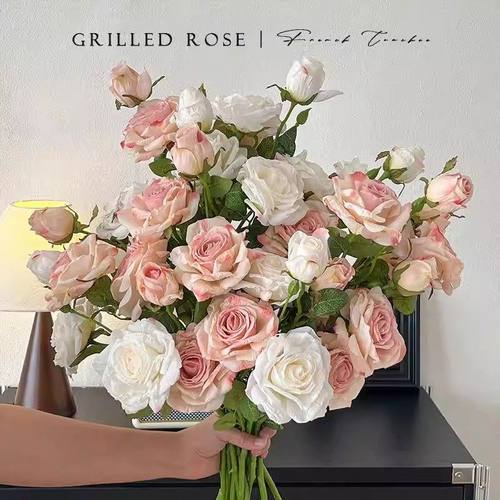 假花仿真花法式复古焦边玫瑰摆设仿生手捧花束轻奢高端干花摆件