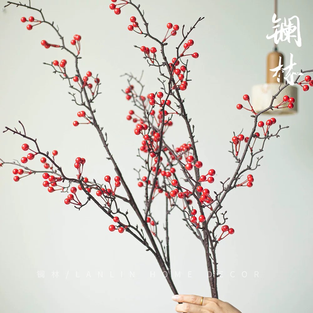 中式客厅软装冬青红果仿真浆果发财果假花电视柜插花摆设装饰花束