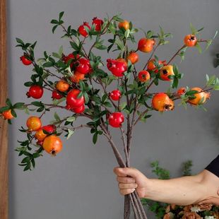 中国风仿真石榴果摆件柿子树枝红浆果发财果假花客厅装饰玄关插花