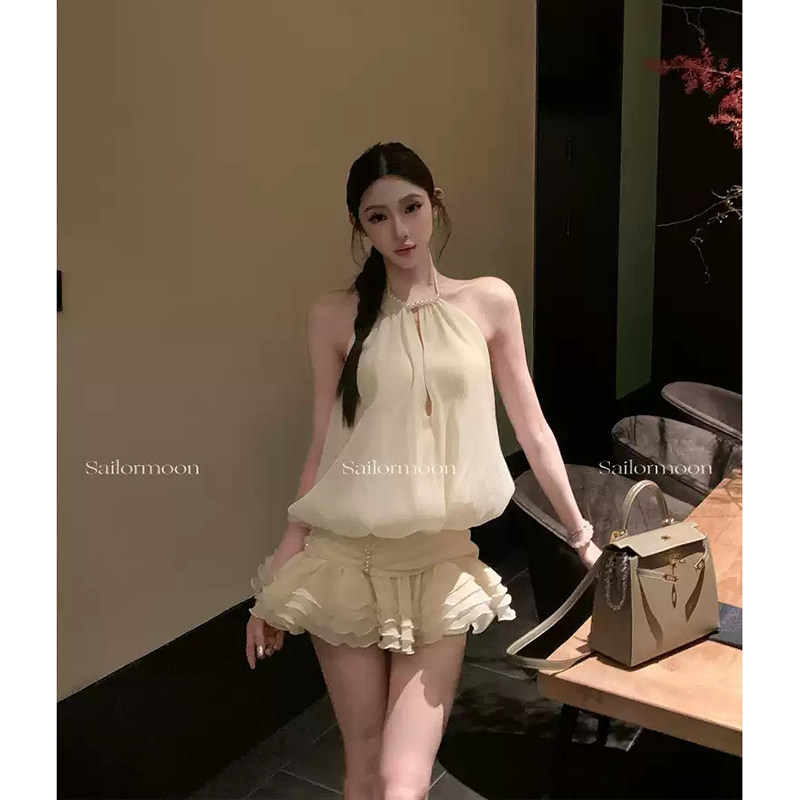 【清纯小白花】珠钉挂脖无袖蓬蓬连衣裙裙裤气质仙女裙