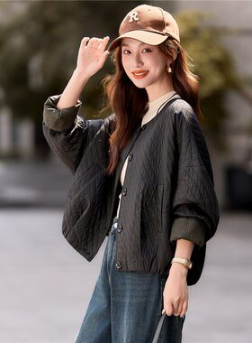 黑色蝙蝠袖圆领斜纹棉服女2026洋气韩系通勤时髦外套显瘦独特202