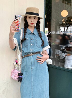 牛仔风连衣裙女夏季蓝色收腰显瘦中长裙复古高级感