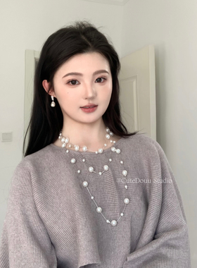 新品8折 珠圆玉润 法式满天星施家珍珠长款高级感多层项链毛衣链