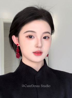 CuteDouu 东方红韵 有耳夹！中式高级显白酒红色串珠流苏耳钉耳饰