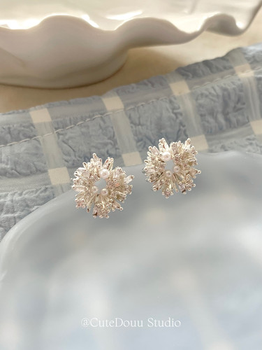CuteDouu 卢浮假日 有耳夹！精致烟花锆石珍珠耳钉小众设计感耳饰