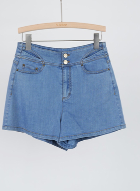 兰*蔻*卓*雅160M码蓝色天丝牛仔弹力短裤镂空腰舒适轻奢牛仔裤女