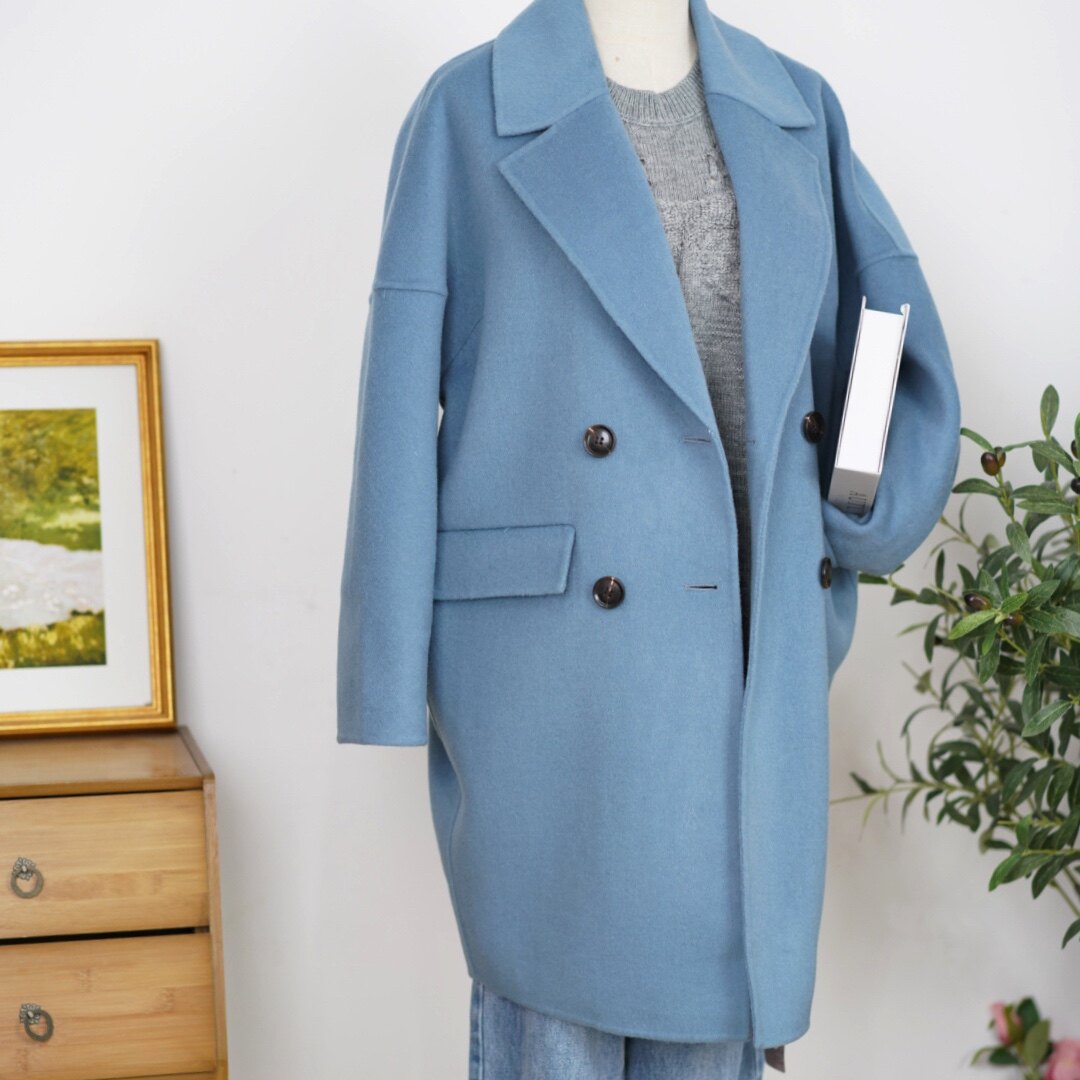 ud冬柜价2299湖蓝色100羊毛双面手缝羊毛大衣外套通勤商务休闲女