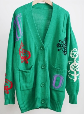 Gena冬绿色羊毛羊绒撞色图案V领中长毛衣针织衫现货