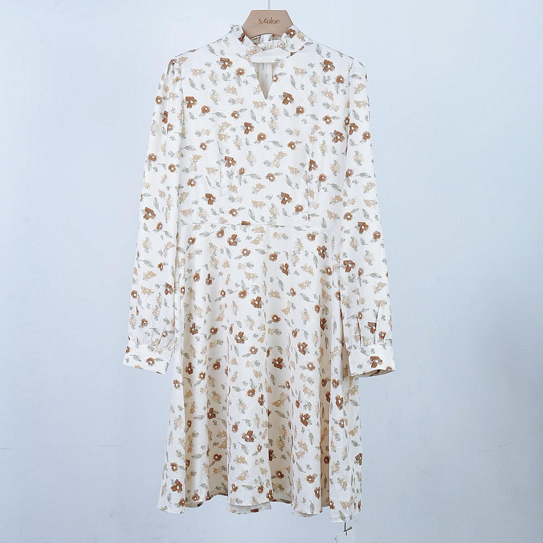 正品柜价1589木耳边立领清雅印花连衣裙修身气质长袖连衣裙亏本清