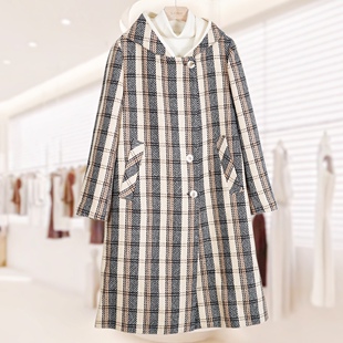（清版不退换）约布冬款柜价799格纹拼接中长款羊毛女士连帽大衣