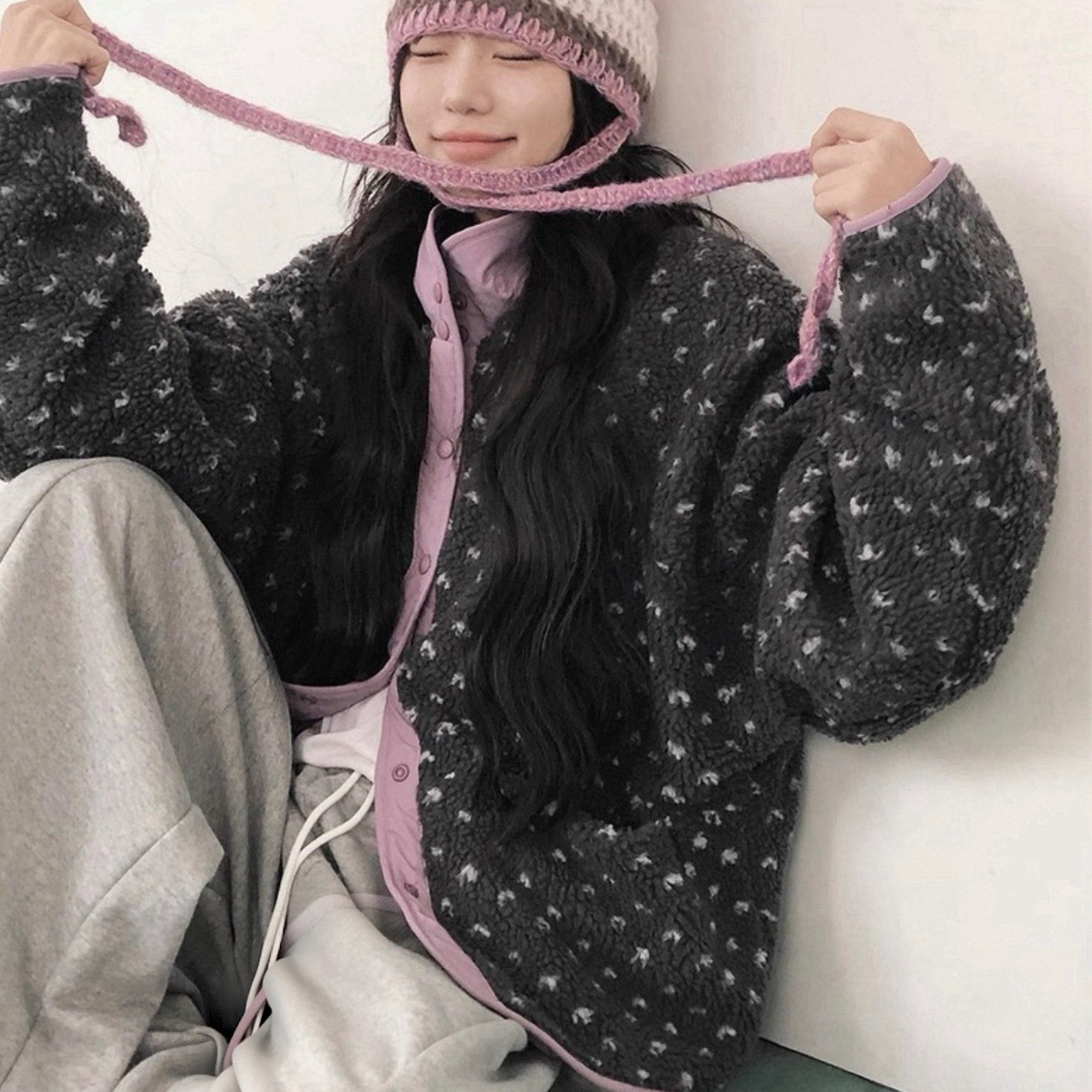 秋冬新款泡菜单两面穿立领拼色羊羔毛外套棉衣女短款棉服外套女