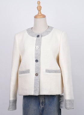 24冬IMIZ100羊毛撞色小香风毛呢外套保暖羽绒服法式简约羽绒外套