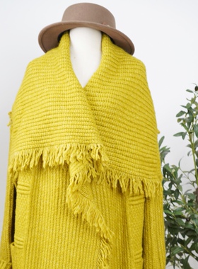 冬柜价1599姜黄色大翻领流苏设计长款毛衣外套设计感WY