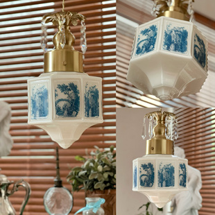 法式 中古印花黄铜吧台卧室床头灯客厅玄关黄铜蓝色小众玻璃吊灯