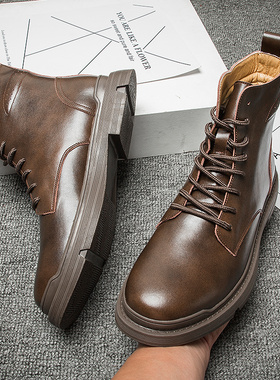 马丁靴男中帮英伦风复古休闲百搭秋季潮男工装真皮鞋高帮机车皮靴