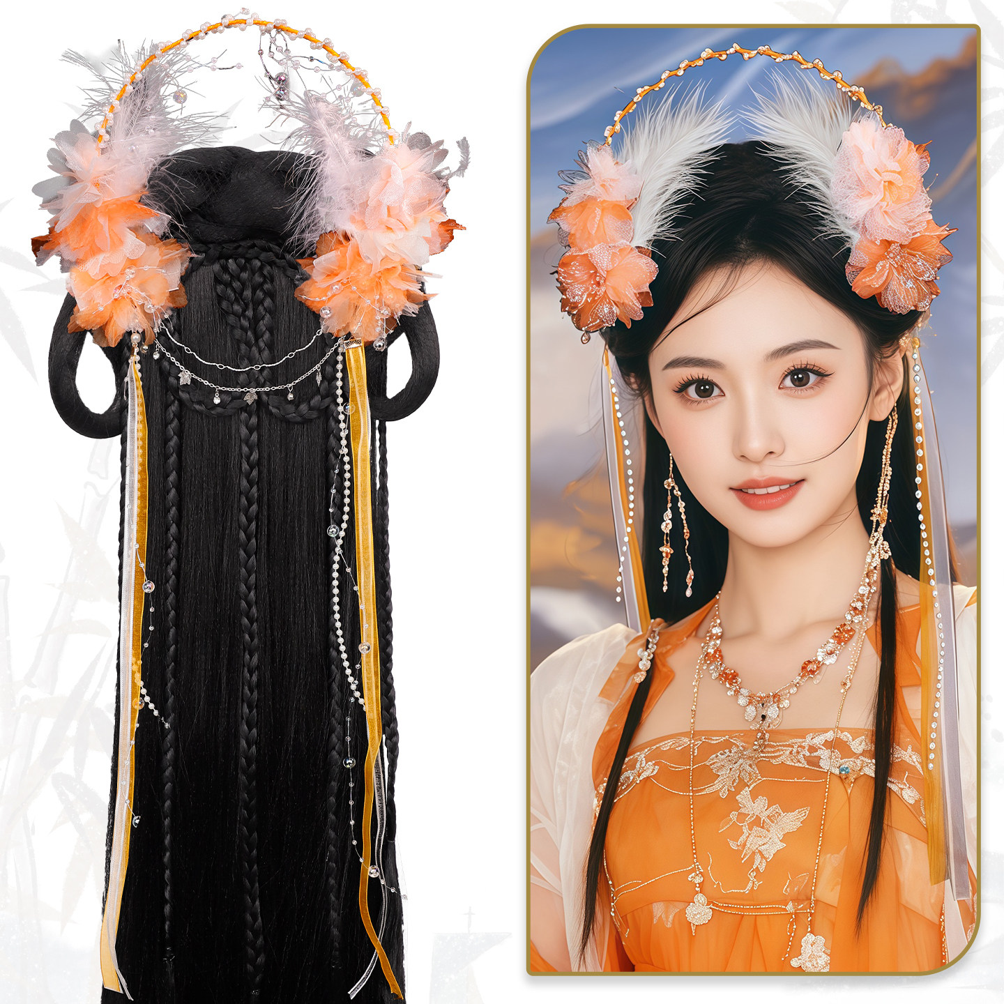 古装造型发包汉服绢纱花朵蝴蝶发箍COS七仙女长款后披发视频组合,美发护发/假发,演出假发,淘宝优惠券,粉丝福利购,淘宝优惠卷