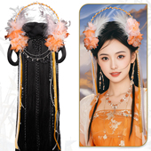 古装 后披发视频组合 造型发包汉服绢纱花朵蝴蝶发箍COS七仙女长款