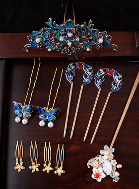 烧蓝凤冠唐风明制头饰簪子发冠简约汉服古代发饰蓝色发饰套装