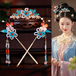 古风汉服仿烧蓝边夹发冠明制步摇长流苏配饰汉服头饰套装发簪古典