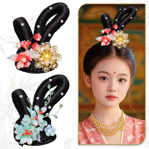 儿童古风兔耳琉璃花汉服发包