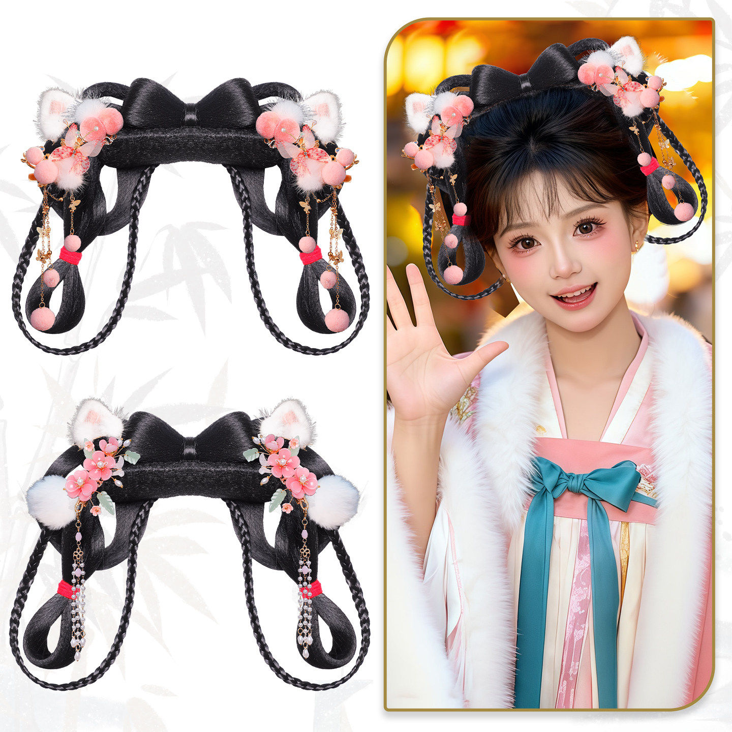 国风马面裙造型一体式发髻秋冬多色毛球兔耳发饰古风全套饰品假发,美发护发/假发,演出假发,淘宝优惠券,粉丝福利购,淘宝优惠卷