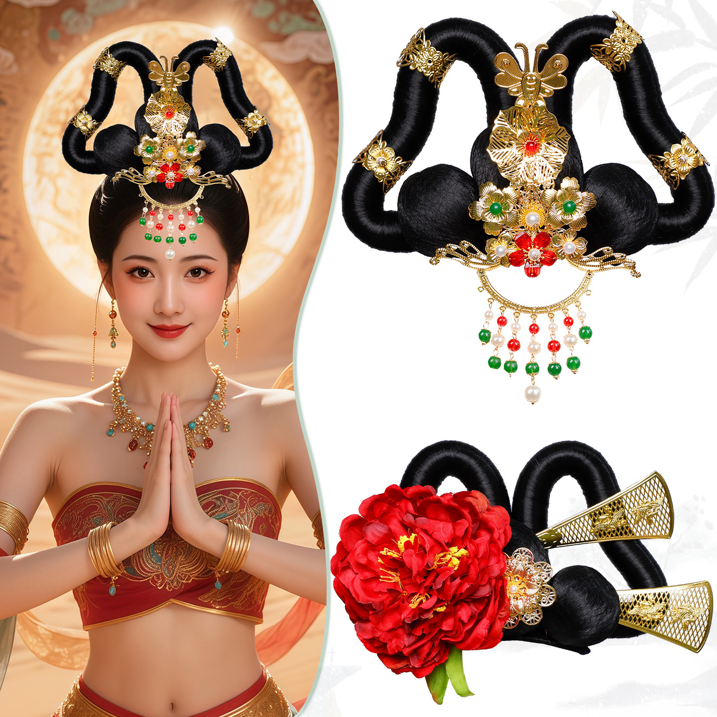 唐风宫廷造型古典舞台表演头饰古装发饰假发包敦煌异域飞天发髻女,美发护发/假发,演出假发,淘宝优惠券,粉丝福利购,淘宝优惠卷