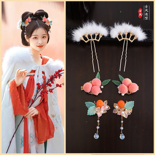 日常秋冬头饰古风毛球毛茸茸流苏发饰对夹珍珠吊发夹步摇排簪发簪