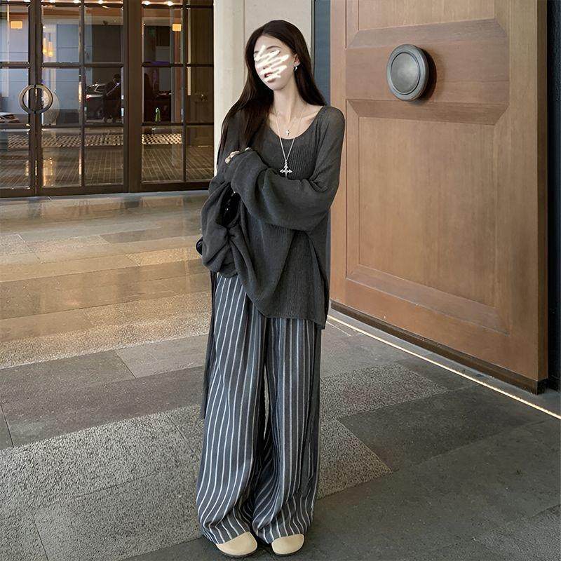 美式复古条纹阔腿裤女春秋2025新款高腰垂感显瘦宽松休闲直筒裤