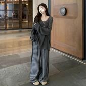 美式 高腰垂感显瘦宽松休闲直筒裤 复古条纹阔腿裤 女春秋2025新款