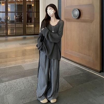 美式条纹阔腿裤女春秋2025新款