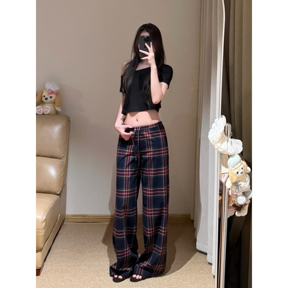 复古格子阔腿休闲裤女秋季新款