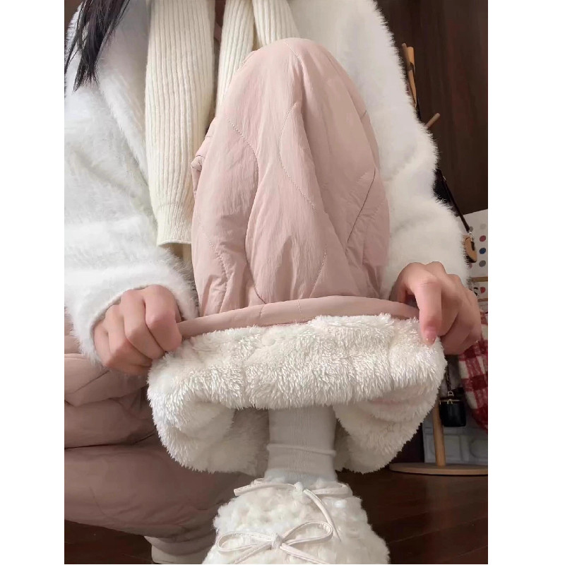 蓝色羊羔绒东北棉裤女秋冬