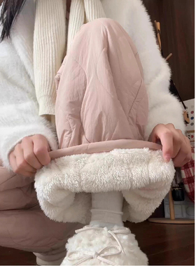 蓝色羊羔绒东北棉裤女秋冬加绒加厚保暖防寒裤直筒显瘦束脚阔腿裤