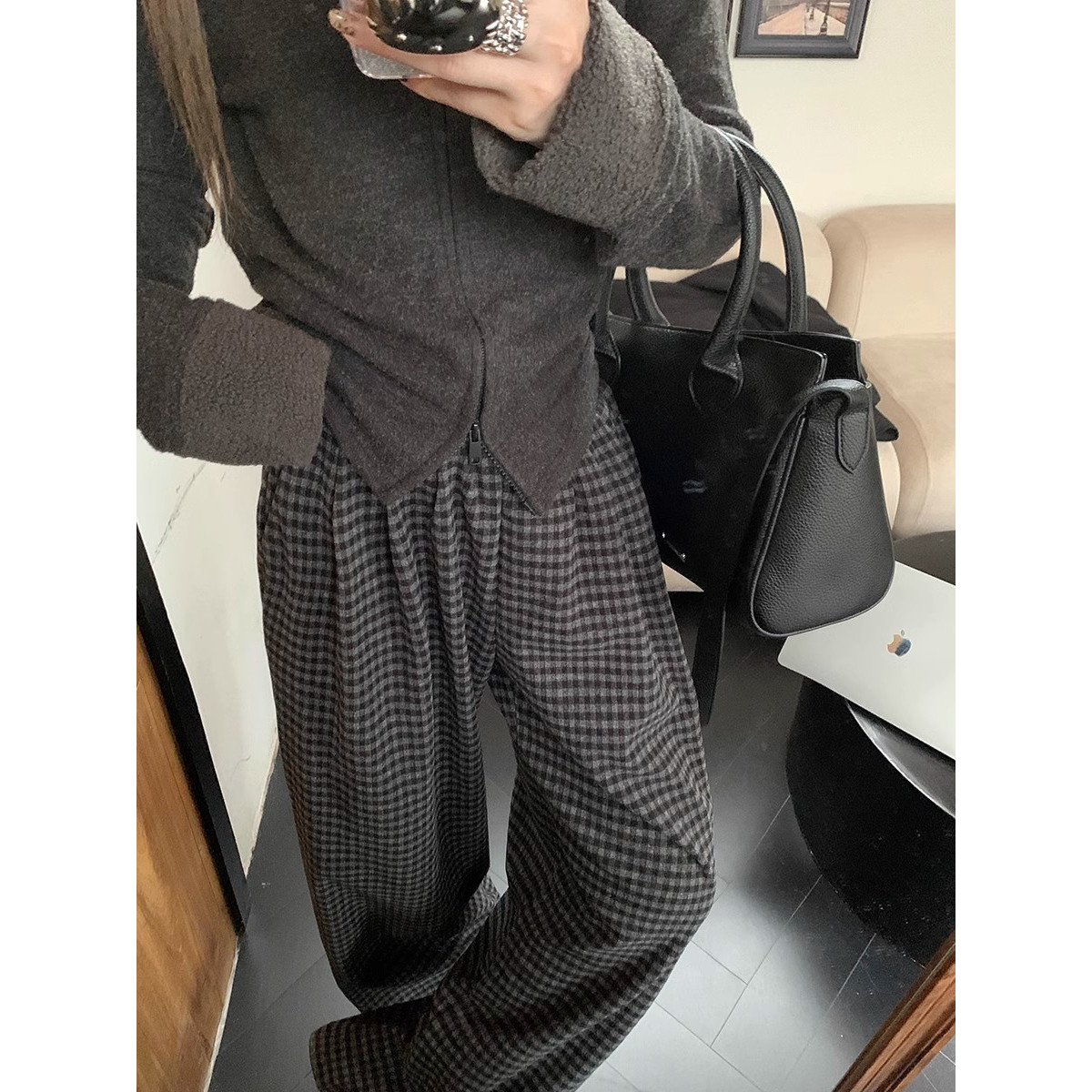 复古格子高腰毛呢阔腿裤女冬季