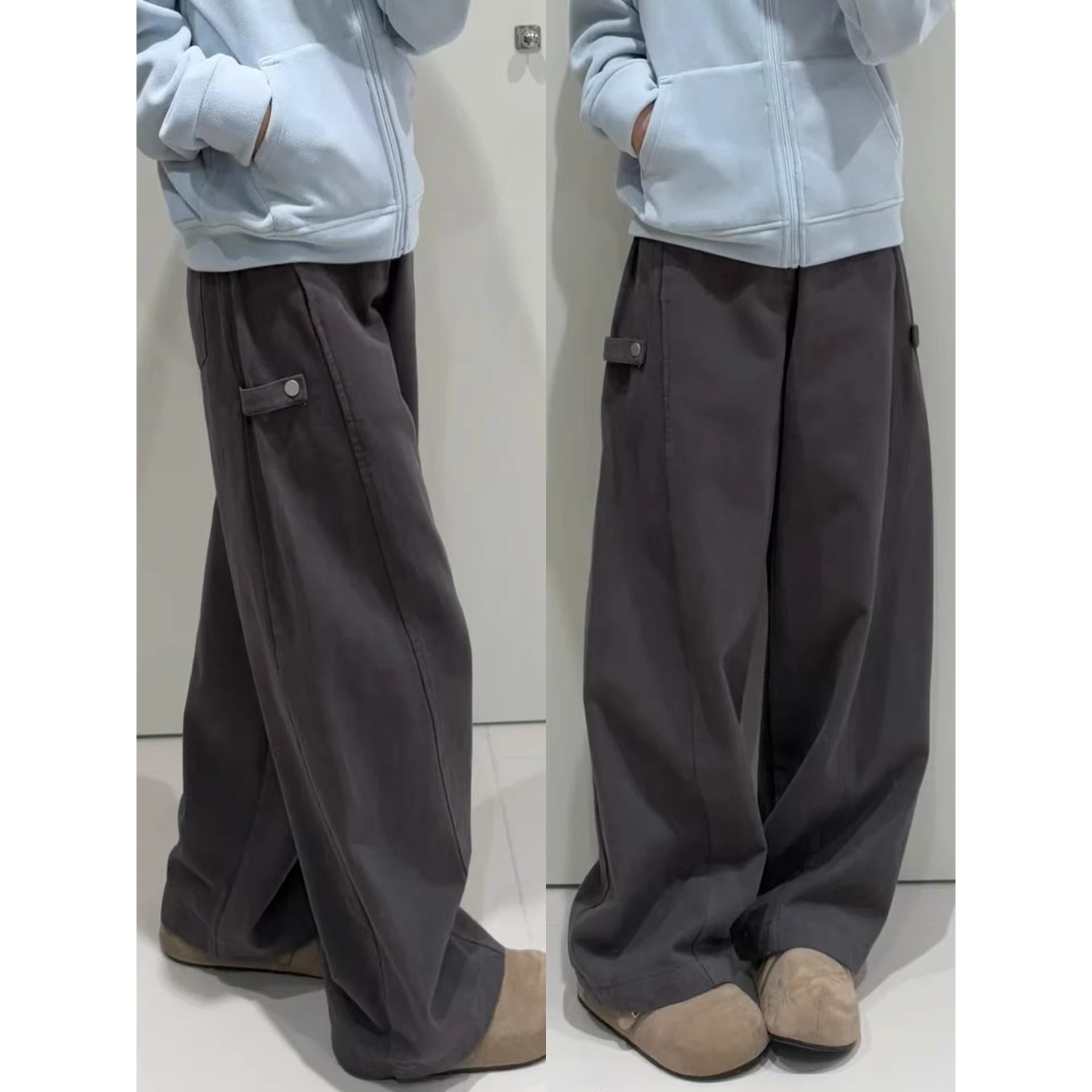 深灰高腰阔腿工装裤女显瘦大码