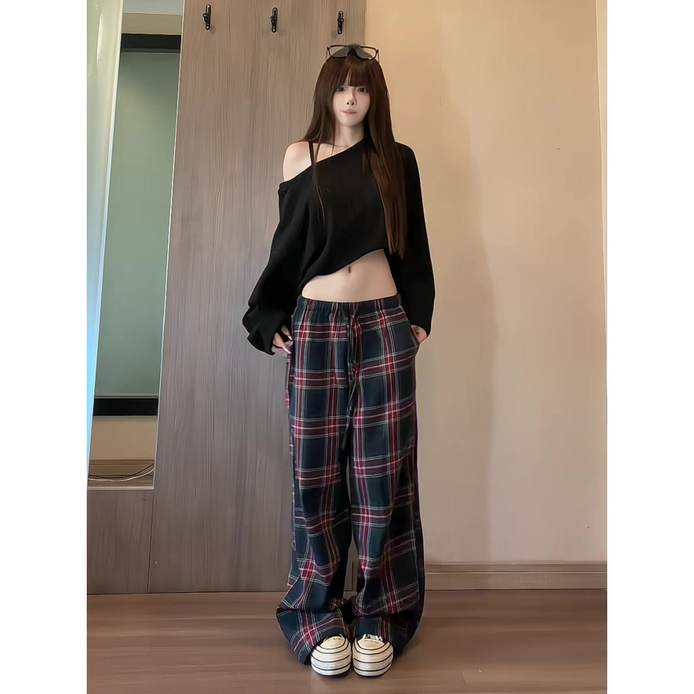 美式复古慵懒风格纹直筒阔腿裤女高腰显瘦宽松运动休闲长裤拖地裤