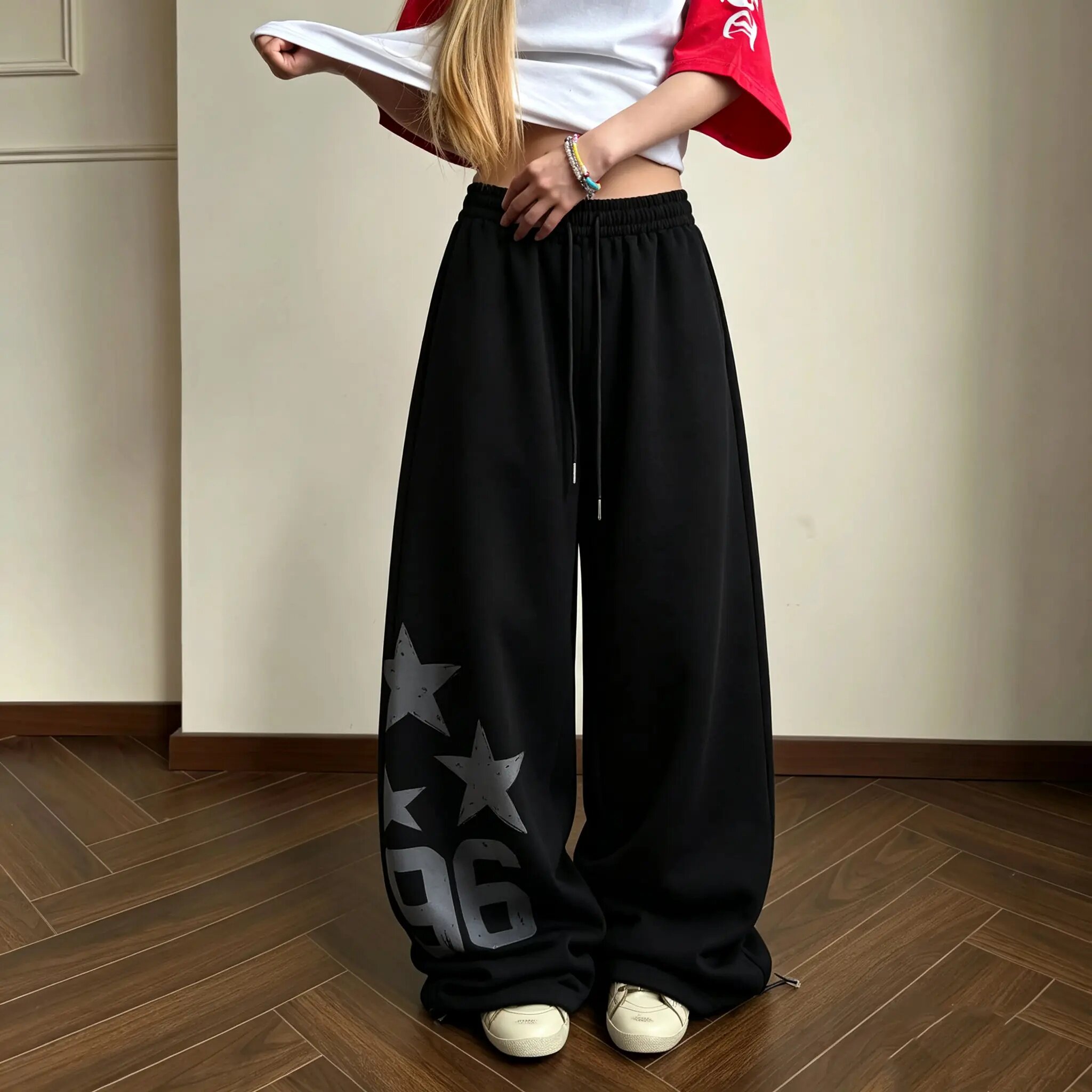 美式复古嘻哈字母宽松阔腿卫裤