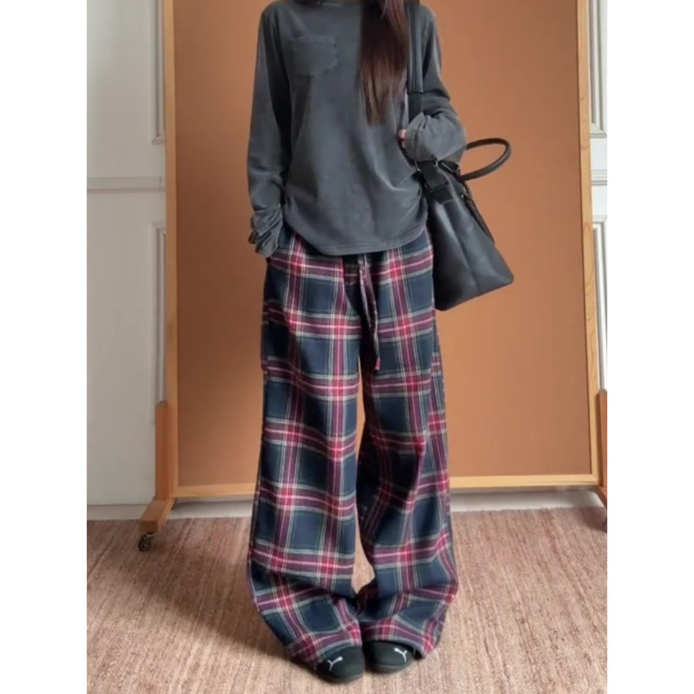 美式复古格子高腰显瘦阔腿裤女