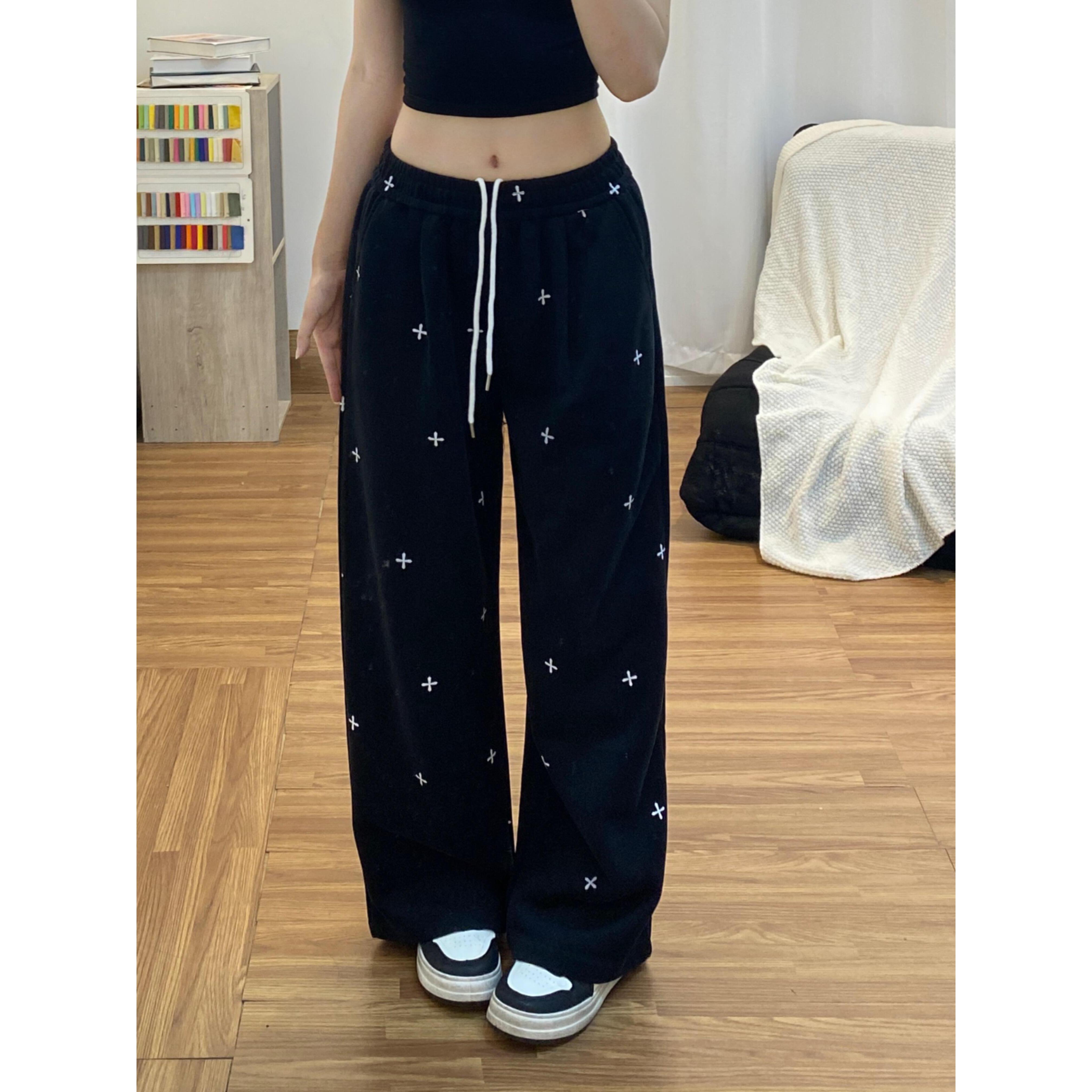 美式十字满印黑色高腰阔腿女裤