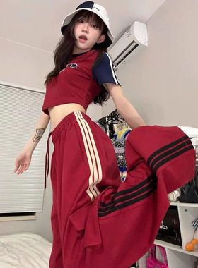美式炸街工装裤套装女夏季甜酷辣妹时尚短袖T恤红色休闲裤两件套