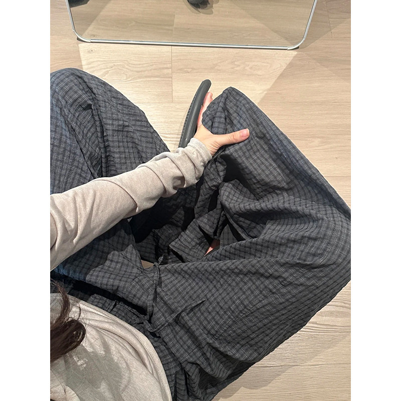 复古格子高腰阔腿裤女2026新款