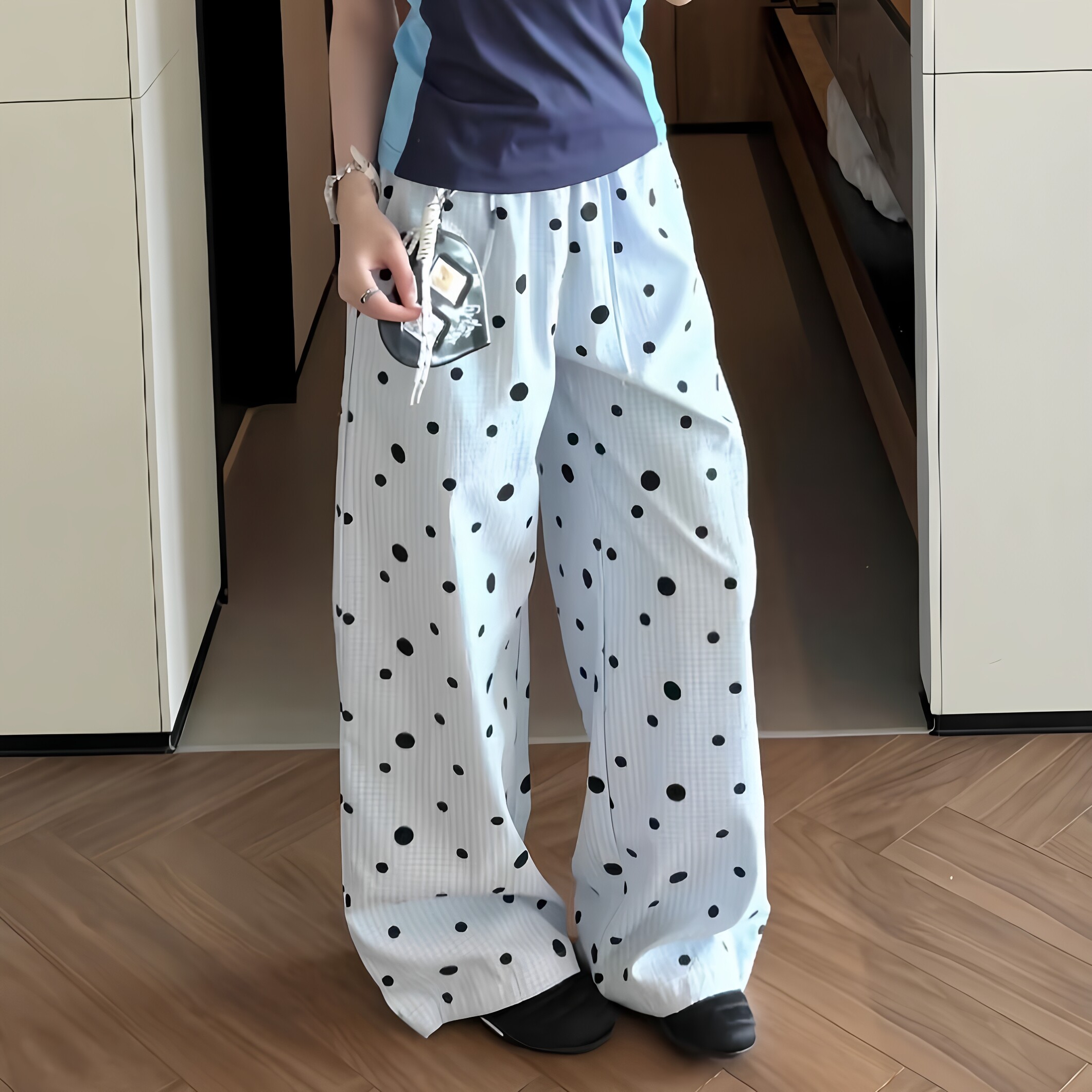 多巴胺彩色波点格子休闲裤女夏季