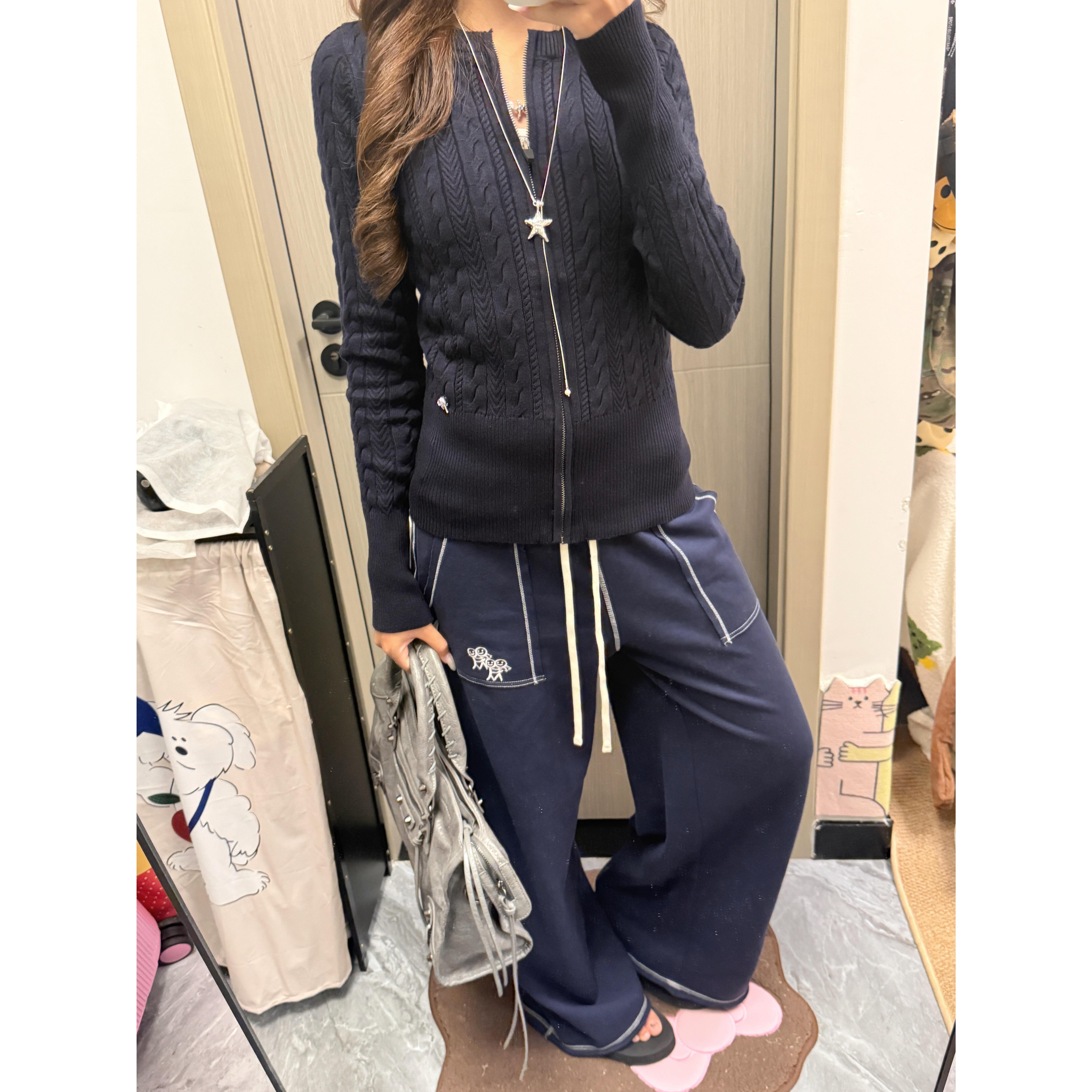 低腰刺绣抽绳垂感阔腿休闲裤女