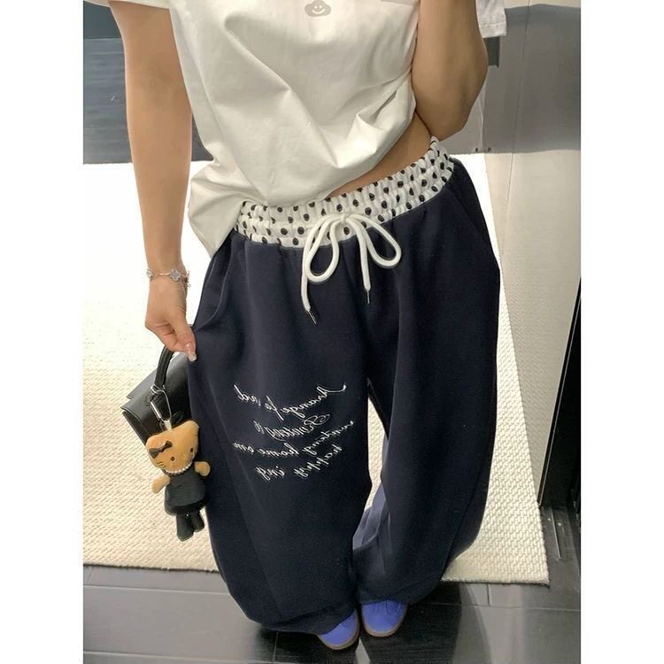 2026春夏新款松弛感垂感印花撞色直筒卫裤女韩系chic运动休闲长裤
